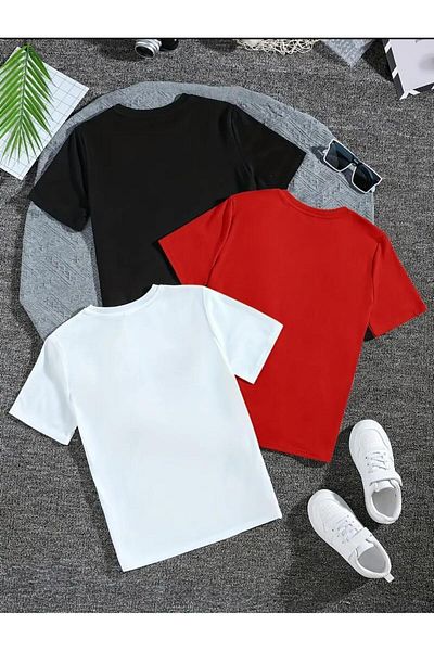 caddekombin Set of 3 Basic Printed Cotton Combed Round Neck Black-Red-White T-Shirt