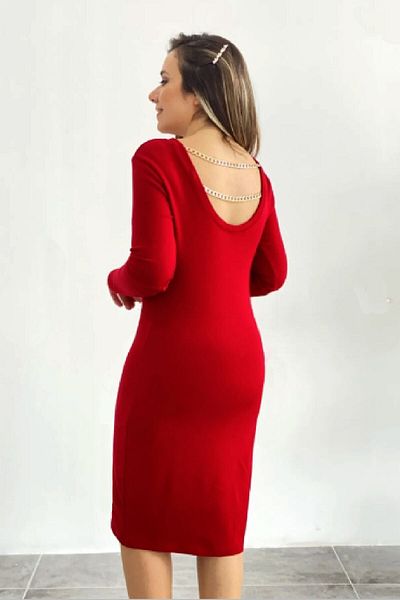 NY MODA Rochie de damă cu lanț roșu la spate, cu guler casnic detaliat, sezon nou, rochie creion elegantă Nkt-snslife-2086