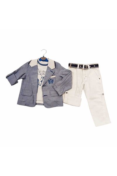 KTS Boys' Linen Jacket, Printed Badi, Gabardine Trousers 3-Piece Set