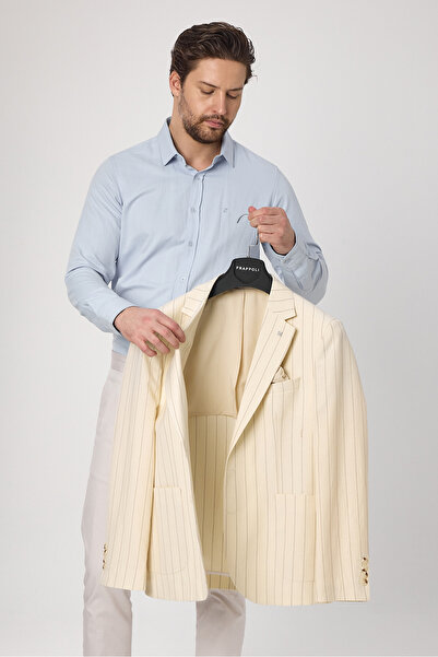 Frappoli Ανδρικό μπουφάν Vitao σε ανοιχτό μπεζ ιταλικό ριγέ λινό μείγμα άνοιξη-καλοκαίρι