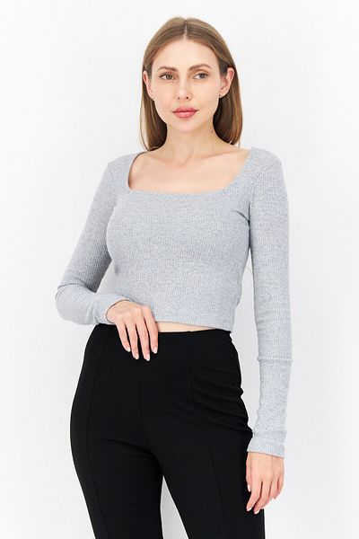 NA-KD Women Square Neck Long Sleeve Blouse, Grey