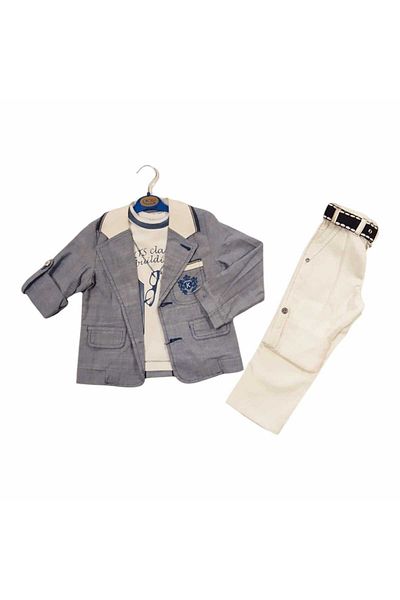 KTS Boys' Linen Jacket, Printed Badi, Gabardine Trousers 3-Piece Set