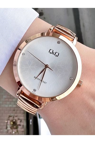 Q&Q Rose Gold Women's Watch - Bezel, Spring Cord, White Snowflake, Waterproof Quartz Analog