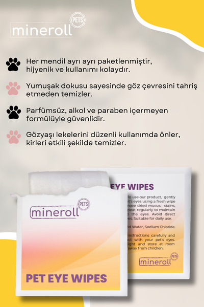 Mineroll Pets Kedi ve Köpek Göz Temizleme Mendili, Tek Kullanımlık, Gözyaşı Lekesi Temizleyici, Parfümsüz, 20 adet