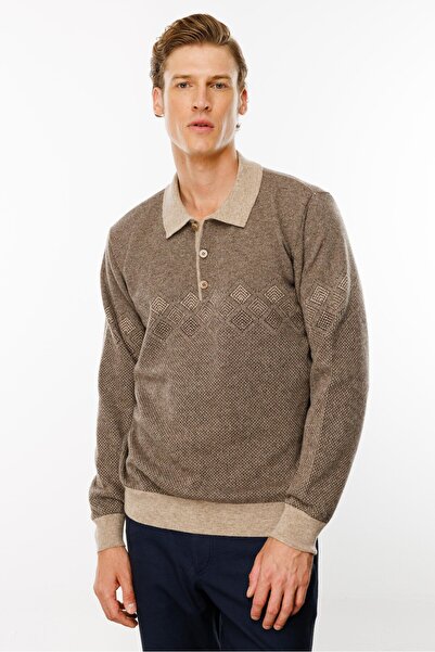 Desen Triko Beige Men's Polo Neck Woolen Sweater - Diamond Pattern
