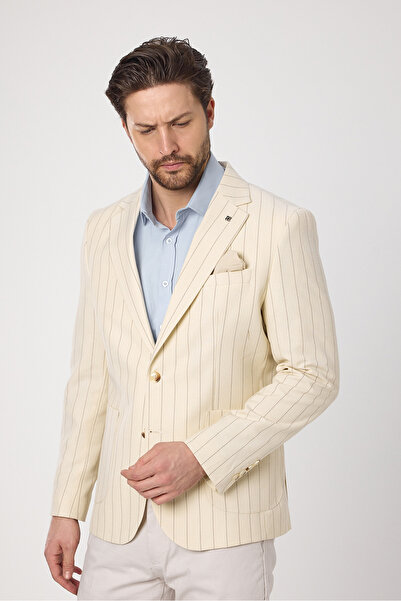 Frappoli Ανδρικό μπουφάν Vitao σε ανοιχτό μπεζ ιταλικό ριγέ λινό μείγμα άνοιξη-καλοκαίρι