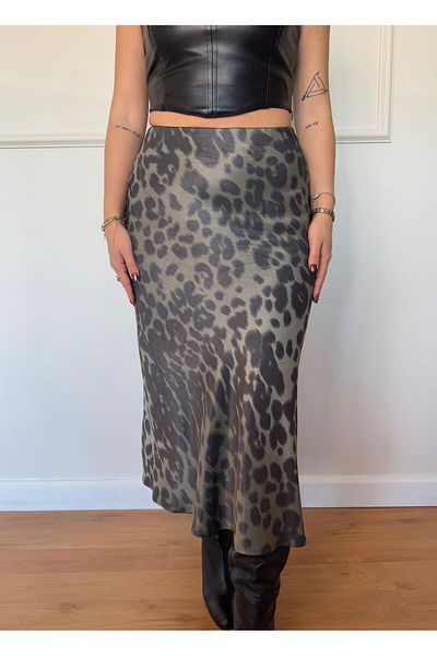 Butik Fashion Cube Khaki Leopard Print Satin Skirt
