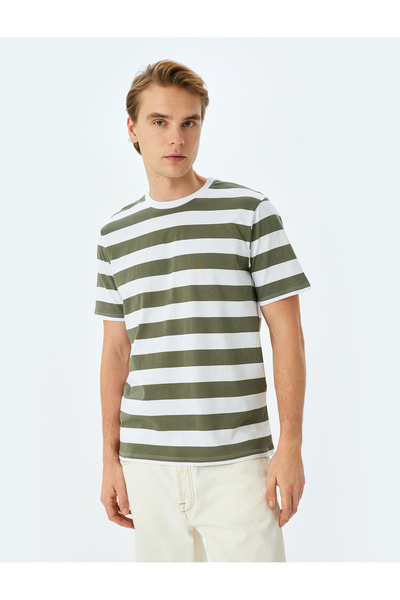 Koton Bisiklet Yaka Pamuklu Regular Fit Kısa Kollu Çizgili Tişört