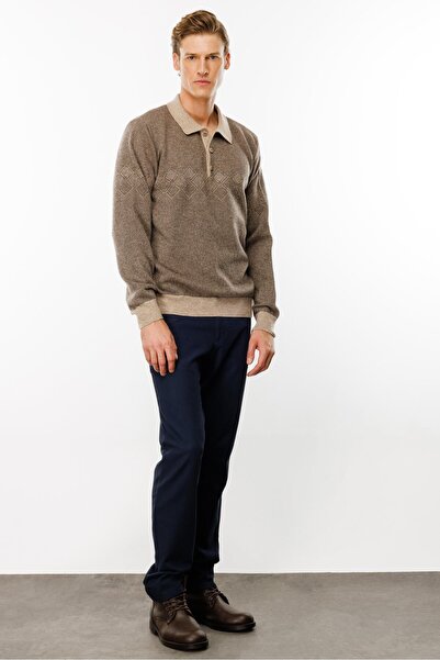 Desen Triko Beige Men's Polo Neck Woolen Sweater - Diamond Pattern