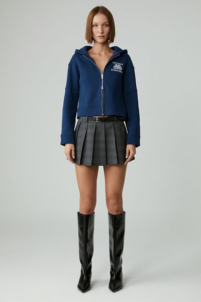 GRIMELANGE Robina Women's Raised Hooded Embroidery Detailed Navy Blue Sweatshirt