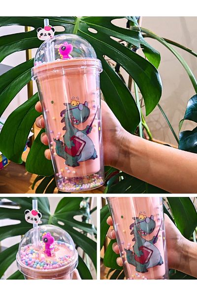 BiTon Toptan 450 ml Dino Themed Cute Mica Flask - Double Layer, with Straw, Pink