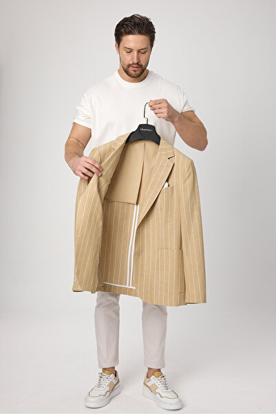 Frappoli Vitao Men's Beige Italian Striped Linen Blended Spring-Summer Blazer Jacket