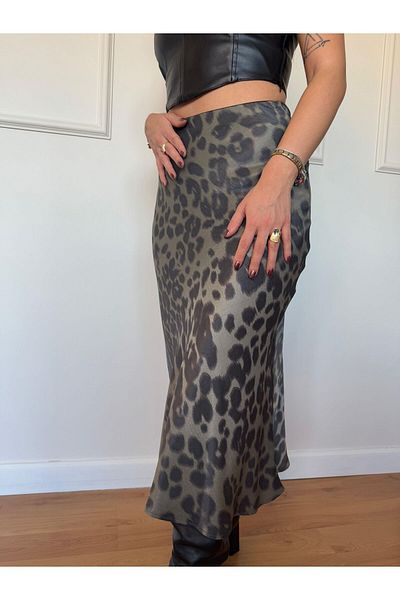 Butik Fashion Cube Khaki Leopard Print Satin Skirt