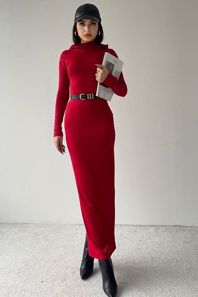 barış sülün lovebox Rochie roșie midi cu mânecă lungă, cu glugă, din țesătură flexibilă, pentru femei 293