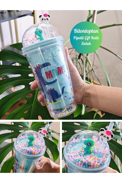 BiTon Toptan Dino Themed Cute 450 ml Mica Blue Water Bottle with Straw - Double Layer 2769