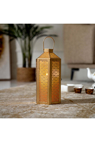 THE Home Altın Metal Kesim Desenli Fener 30 Cm, Modern Tasarım