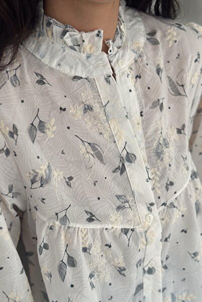 FEMELLE Women's Gray Stand Collar Leaf Embroidery Embroidered Buttoned Shirt