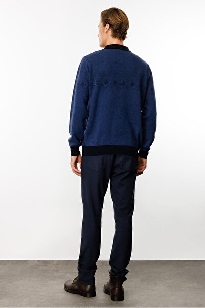 Desen Triko Чоловічий вовняний светр з поло-коміром і візерунком «баклава» на грудях, темно-синій