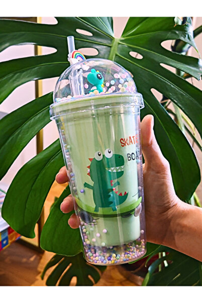 BiTon Toptan Dino Themed Cute 450 ml Mica Flask - Double Layer, Water Bottle with Straw, Green 2769
