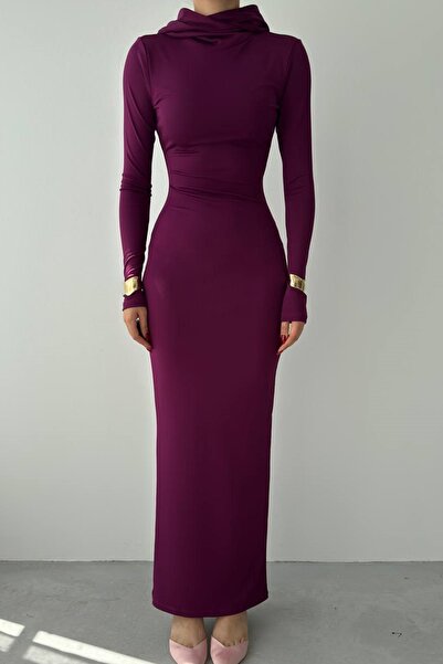 bayansepeti Mürdüm Sandy Kumaş Kapüşonlu Yaka Uzun Kollu Midi Abiye Elbise 293