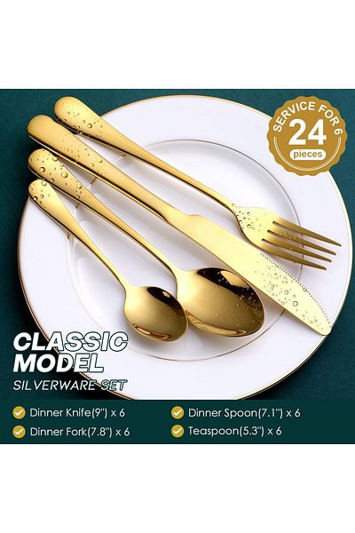 COOYA 24-Pieces Gold Silverware Set, Gold Forged Stainless Steel Flatware Set, Service of 6
