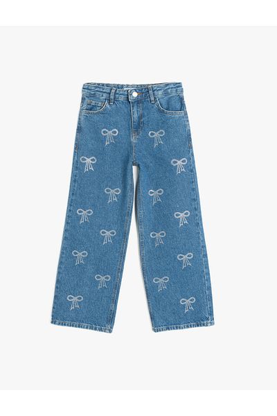 Koton Bow Print Pocket Cotton Wide Leg Denim Trousers