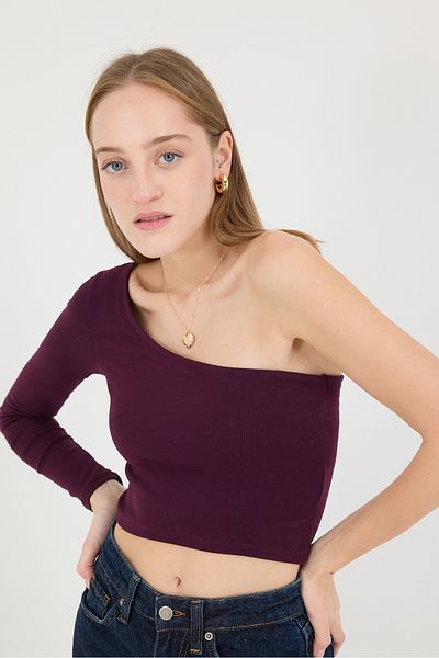 Addax Bluză crop cu mânecă lungă cu un singur umăr B13784-F1