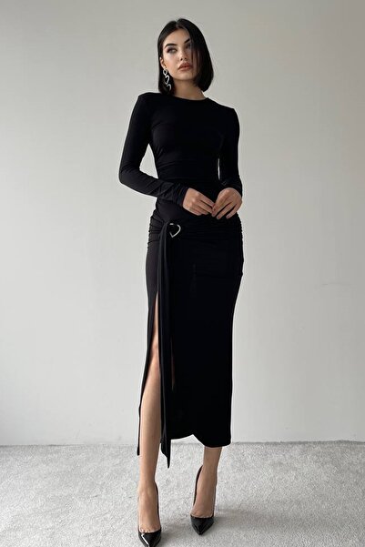 barış sülün lovebox Дамска черна миди рокля с гъвкав пясъчен плат с колан и ц...