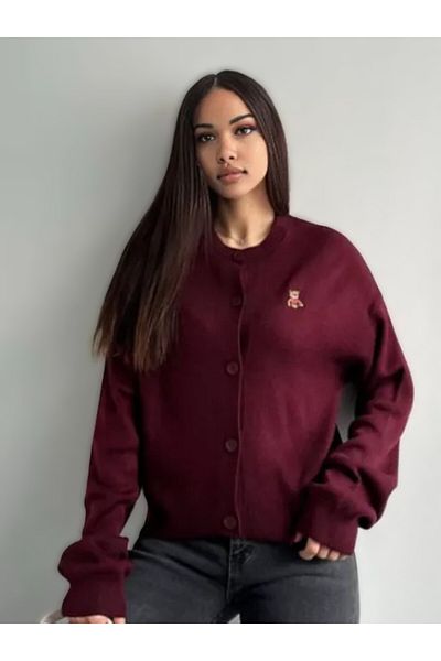 Butik La Lilyum Teddy Bear Patterned Buttoned Claret Red Cardigan – Elegance and Warmth Together