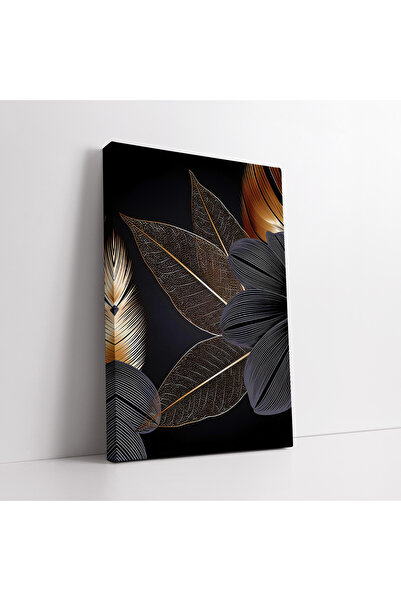 KOSS Dijital Tablou decorativ pe pânză cu frunze detaliate negre și aurii, de...