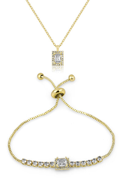 Polo Air Lüx Taşlı Kadın Kol Saati Kare Zirkon Taşlı Kolye Bileklik Özel Kombin Set Gold Yeşil Renk ST-2147S4