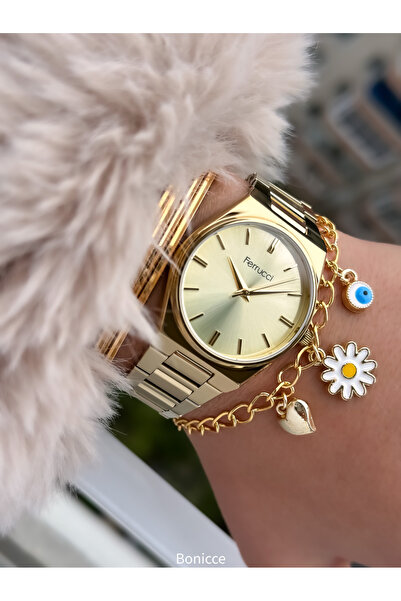 Ferrucci ساعة يد نسائية باللون الأصفر مقاس 34 ملم مع سوار هدية - سوار فولاذي،...