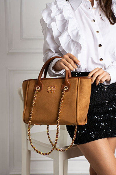 Elizan Geniş Iç Hacimli Zincirli Tasarım Taba Süet Kadın Çantası