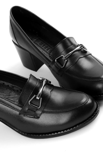 Lal Shoes & Bags Brand Women's Genuine Leather Buckle Detailed Thick Heeled Shoes-Black
