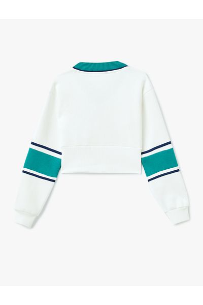 Koton Raster Color-Blocking V-Neck Long Sleeve Crop Sweatshirt