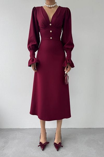 vuvutasarım Long Sleeve V Neck Button Detail Midi Length Burgundy Evening Dress with Sleeves Flounces 363