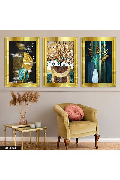 Evinemoda Pictură în oglindă din plexiglas abstract Nature Gold 3 piese