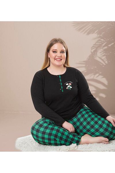 JENİKA Plus Size Long Sleeve Printed Pajama Suit