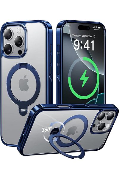 AWH Titanium 360° Rotatable Magnetic Stand Case for iPhone 16 Pro, 16FT Drop Protection (Blue)