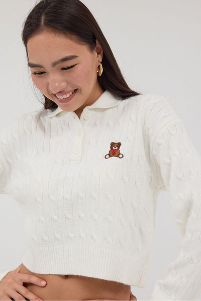 Addax Polo Neck Teddy Bear Embroidered Knitwear Sweater K3425-Asn75