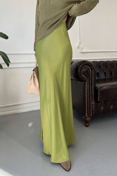 MAGARDE Fusta din satin cu talie elastica - VERDE DE ULEI
