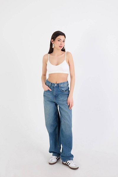 Addax High Waist Strap Detailed Wide Leg Jean PN388-PNE