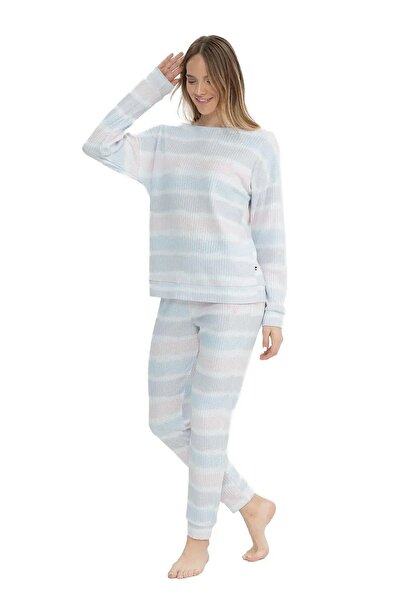 U.S. Polo Assn. U.s Polo Assn. 17095 Kadın Delikli Polar Waffle Baskılı Uzun Kollu  Paçası Lastikli Rahat Ev Giyim-B