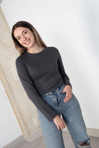 Addax Bisiklet Yaka Basic Crop Bluz B15385-w8