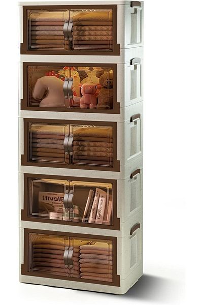 Primo Plus Foldable Plastic Storage Box 5 layers With Wheels and Doors, Closet Organizers Double Door Magnetic
