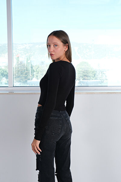 Addax Kare Yaka Uzun Kollu Basic Crop Bluz B3713-j1