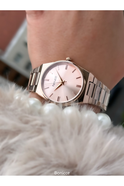 Ferrucci Rose Color 34 mm Case Design - Women's Wrist Watch with Steel Band and Bracelet Gift