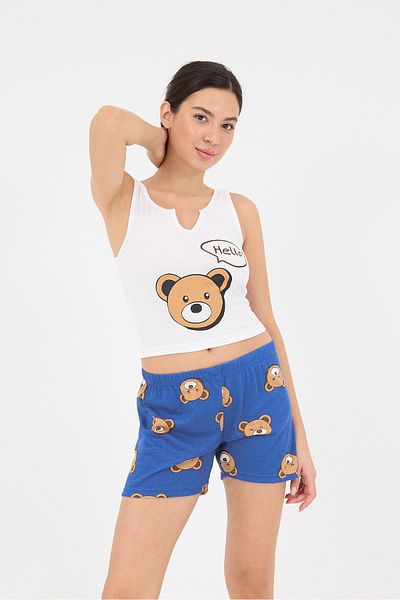 Addax Teddy Bear Printed Pajamas Set with Shorts - Ş088-T8