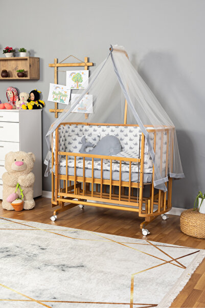 Bamgidoo Ahşap Beşik Anne Yanı Beşik Doğal (VERNİKLİ) 60x120 Gri Balina Uyku ...