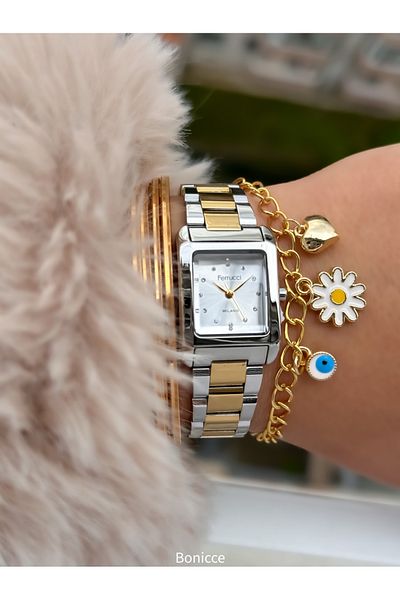 Ferrucci Women's Wrist Watch and Bracelet with 20*20mm Silver Yellow Color Steel Band and Stone Square Dial Gift